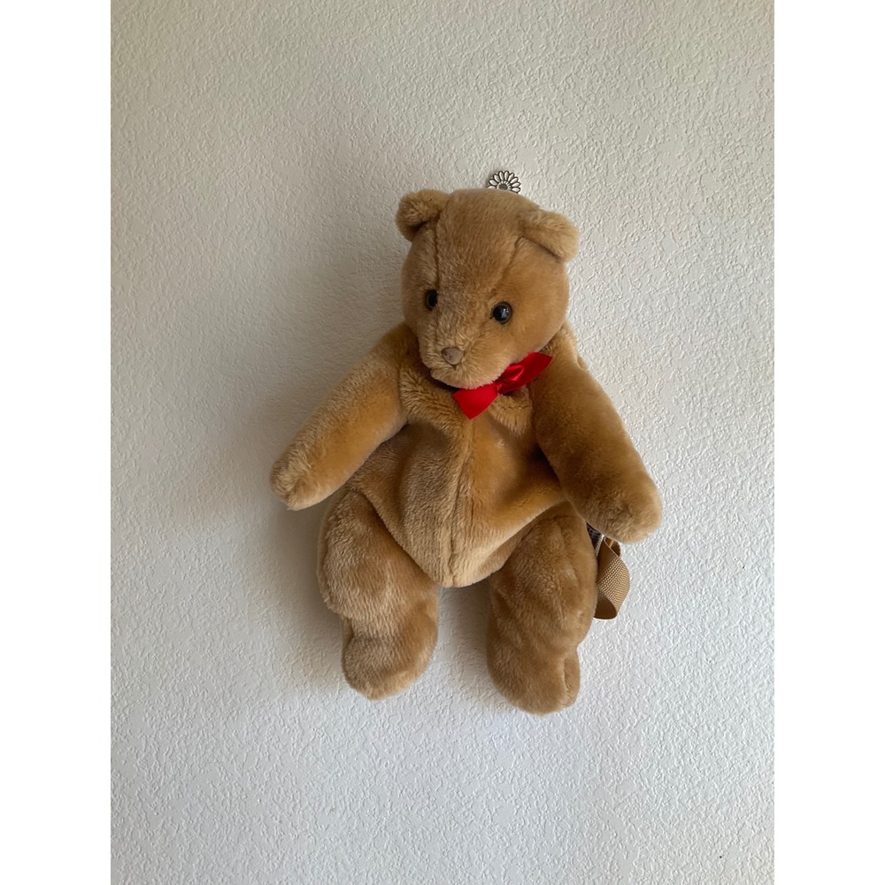 Vintage Plush Teddy Bear Backpack Tan Brown Faux Fur Red kawaii Bow Novelty Bag